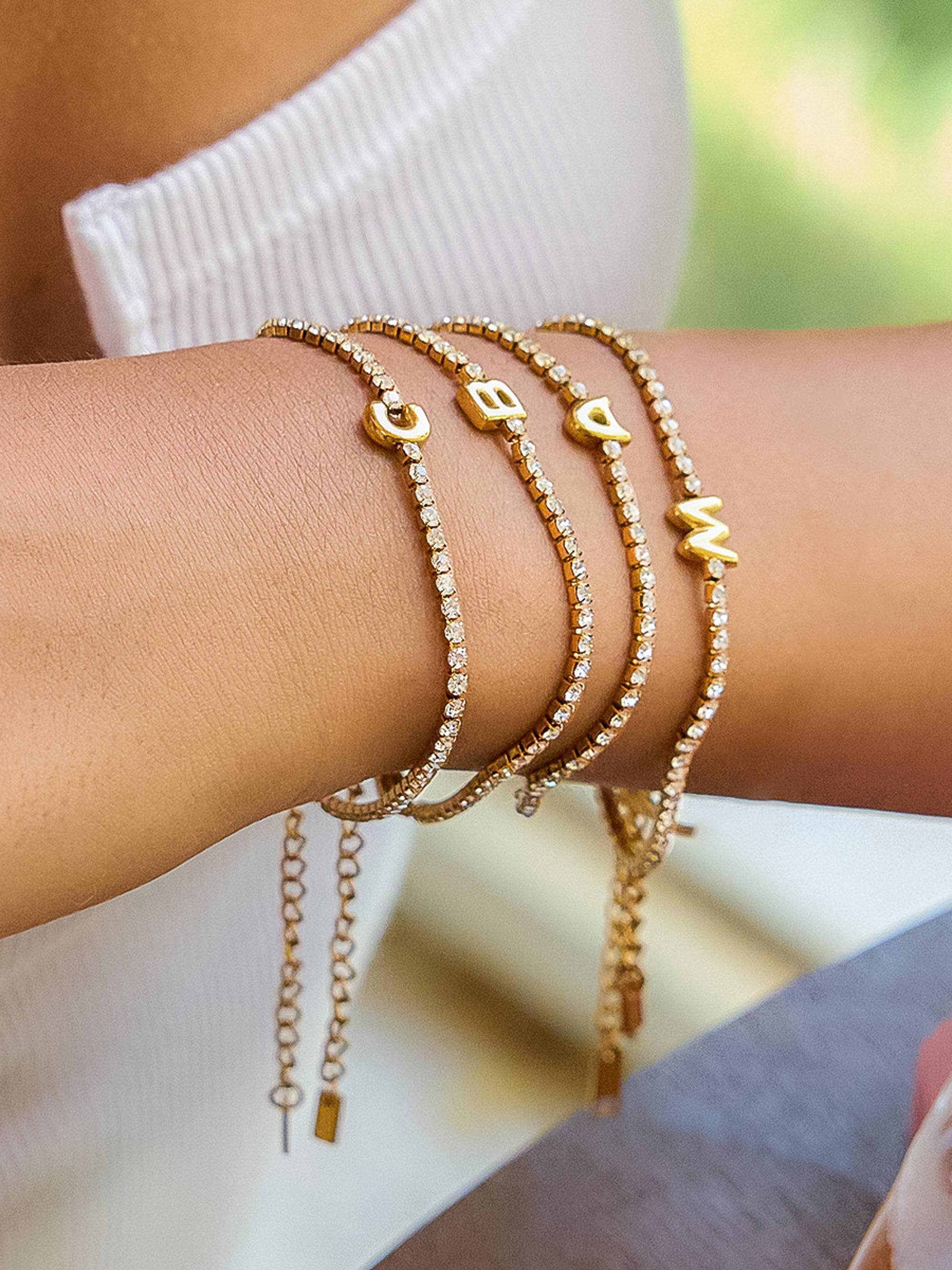 Chaplin 18K Gold Non-Tarnish Rhinestone Letter Bracelet: Yellow Gold / L