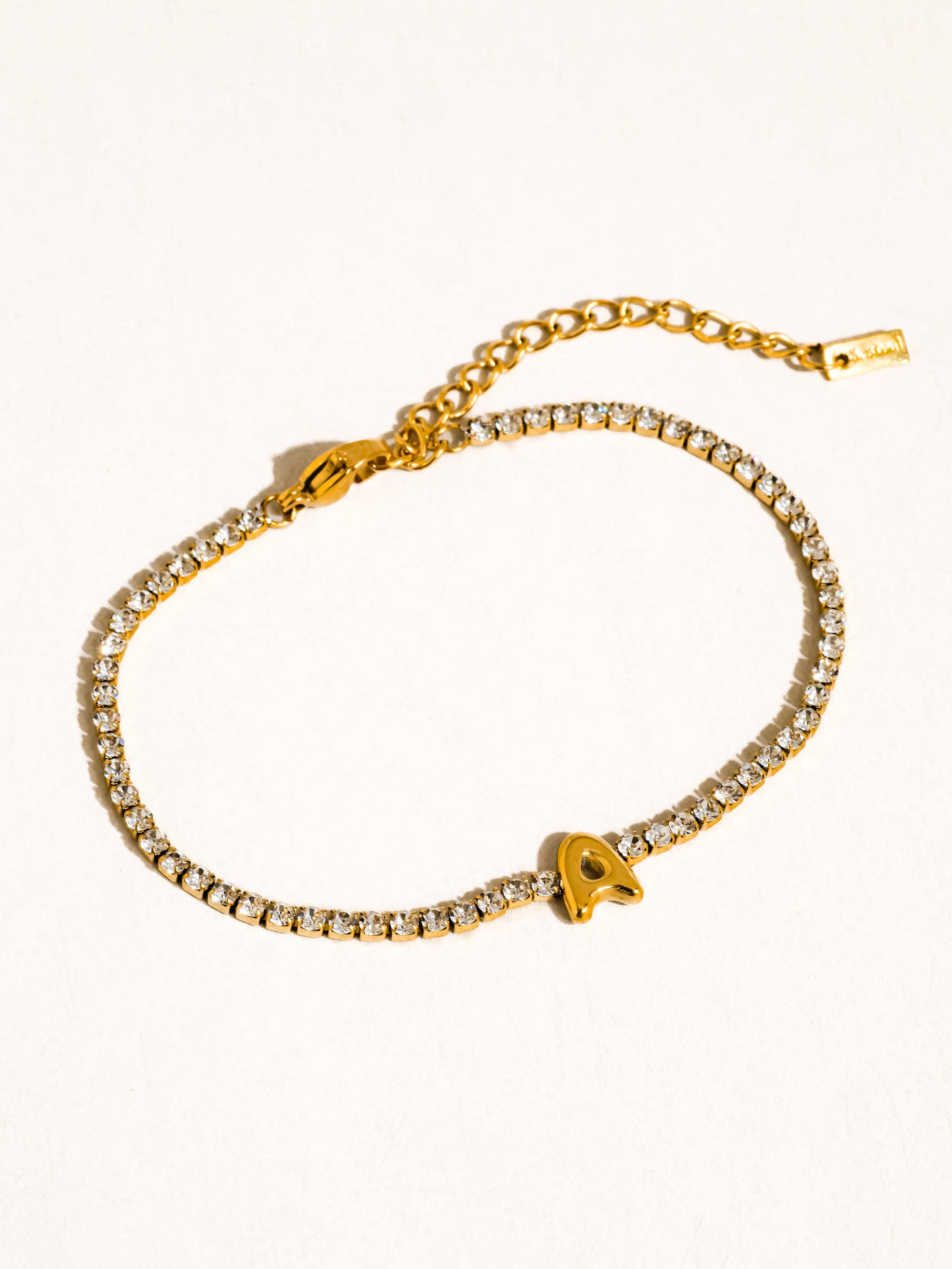 Chaplin 18K Gold Non-Tarnish Rhinestone Letter Bracelet: Yellow Gold / O